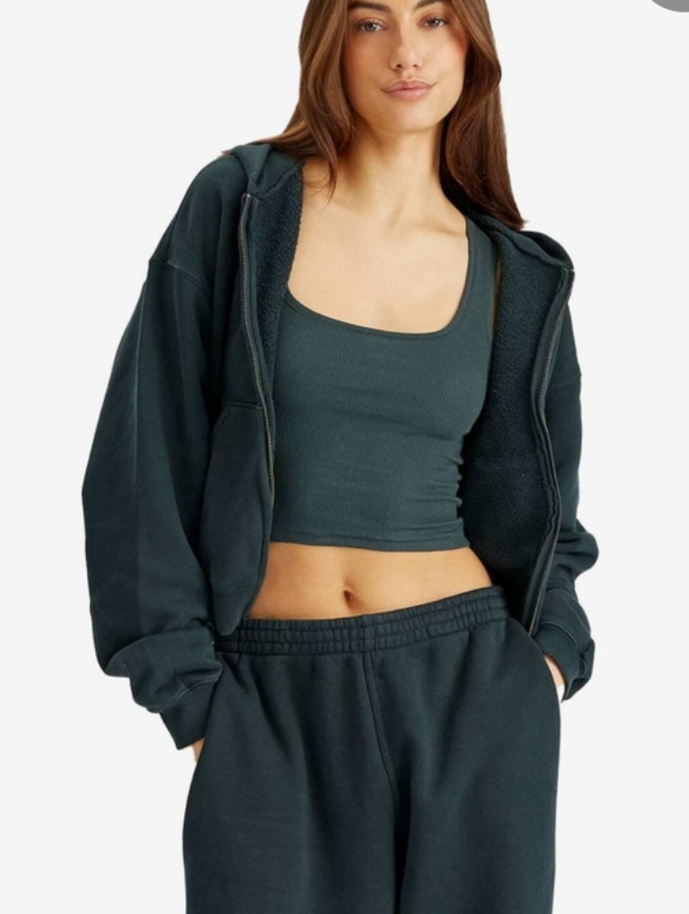 SKIMS Cotton Fleece Classic Zip Up Hoodie Dark Green Size L